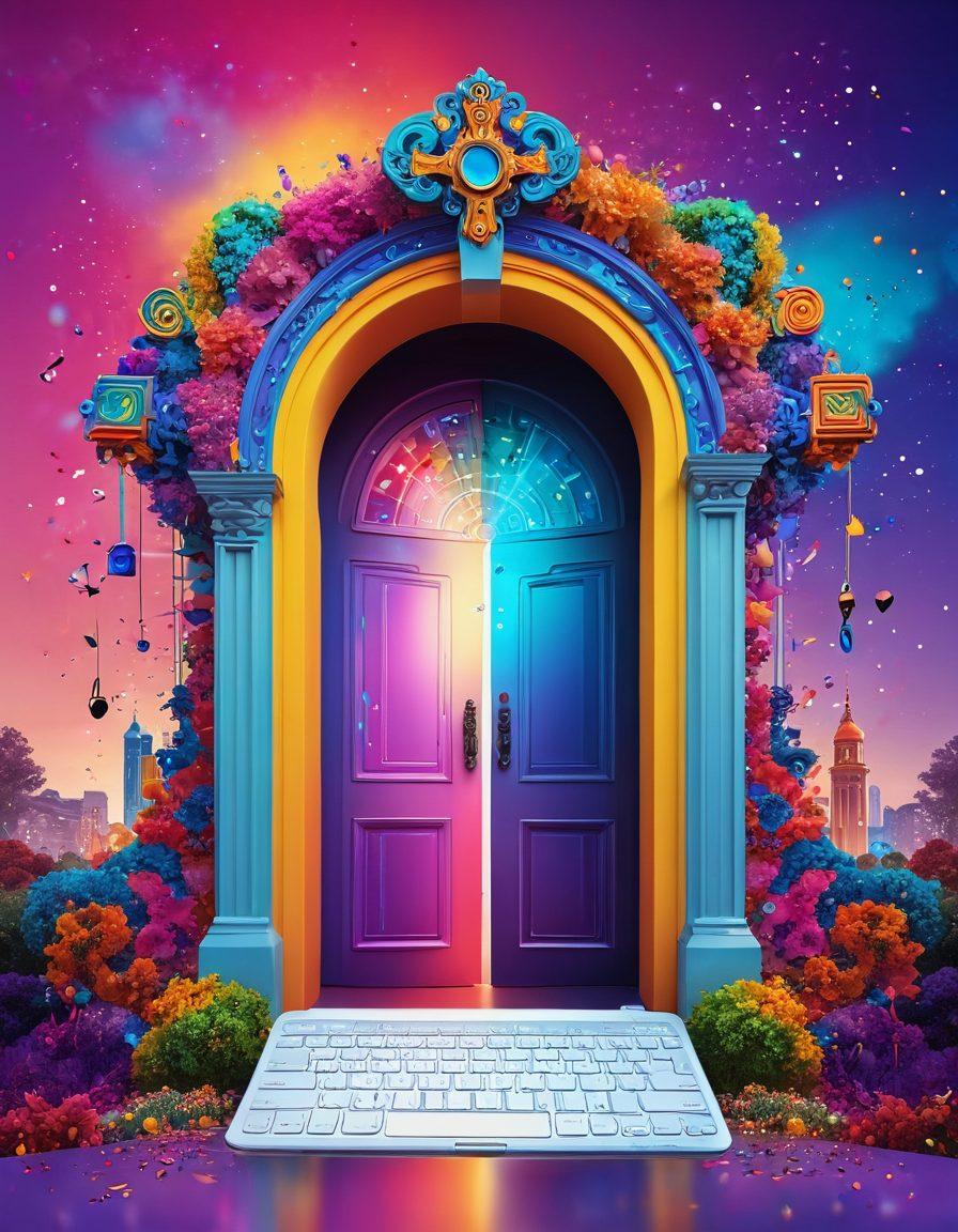 A digital landscape depicting a giant key unlocking a massive, ornate gateway filled with vibrant, swirling colors and abstract patterns, symbolizing the access to exceptional content. Surround the key and gateway with diverse digital devices such as tablets and laptops, representing connectivity. Include elements of joy, such as floating confetti and smiling faces, to evoke an ecstatic online experience. The setting is bright and inviting, with a futuristic vibe. super-realistic. vibrant colors. 3D.