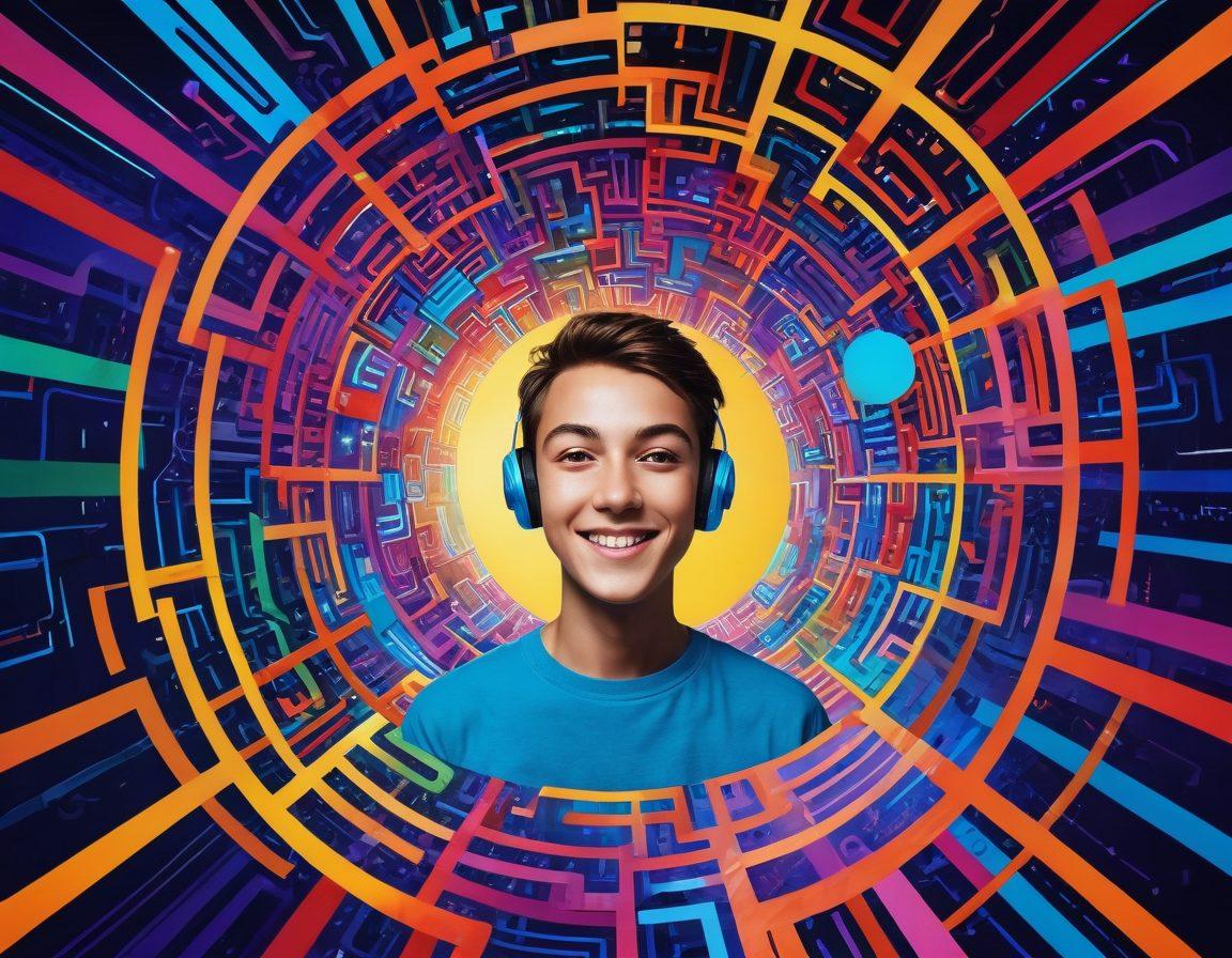 A vibrant digital landscape showcasing a person joyfully navigating a colorful web maze, with symbols of online security like locks and shields floating around. Warm, uplifting colors emphasize freedom and happiness as they explore pathways to knowledge. The background features abstract representations of the internet, like circuits and nodes, illustrating connectivity and security. The individual is depicted with an expression of excitement and curiosity, embodying the essence of unlocking joy through safe online exploration. super-realistic. vibrant colors. digital art.