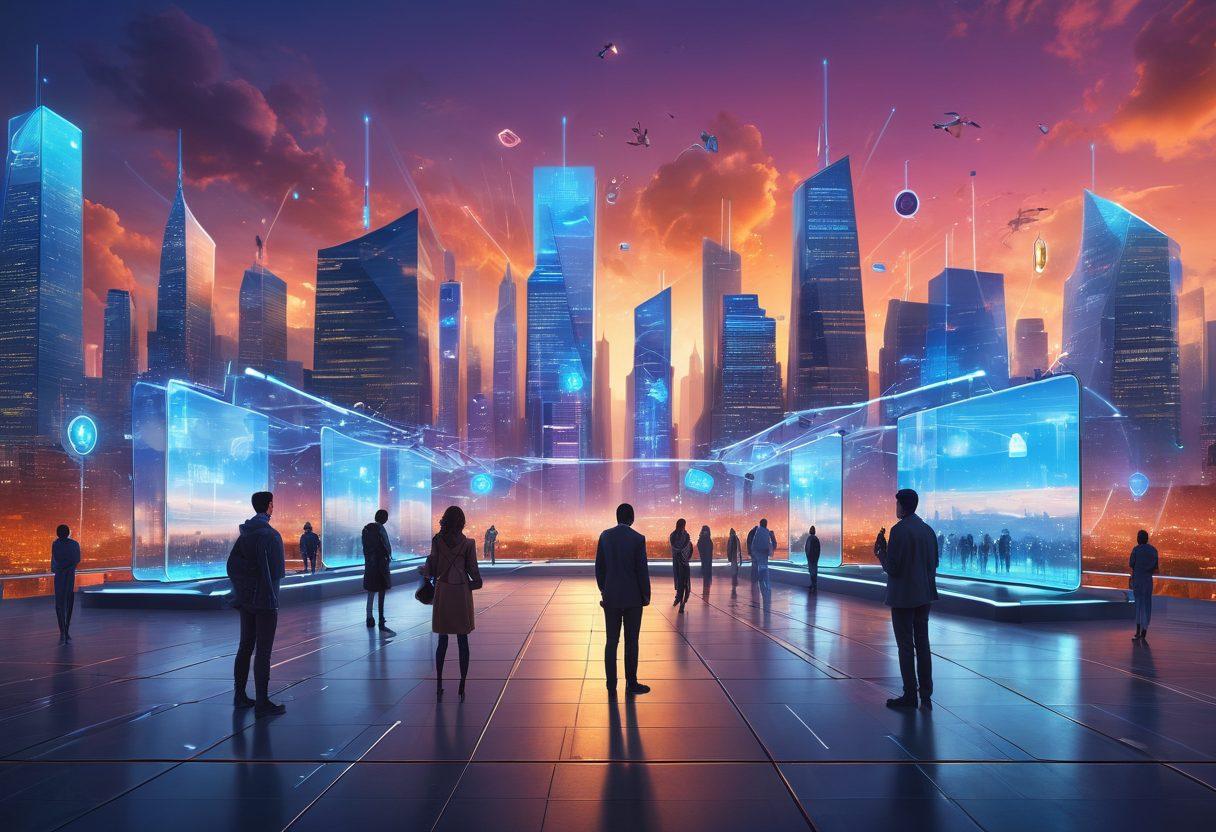 A futuristic digital landscape showcasing a secure virtual environment, featuring a diverse group of people using devices with glowing screens, surrounded by protective shields symbolizing privacy. Ethereal locks and keys float in the air, representing enhanced security. The background is a vibrant city skyline at dusk, blending technology and freedom. super-realistic. vibrant colors. 3D.